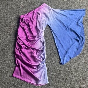 Nicole Miller Vibrant Purple and Blue Bell Sleeve Asymmetrical Ruched Dress